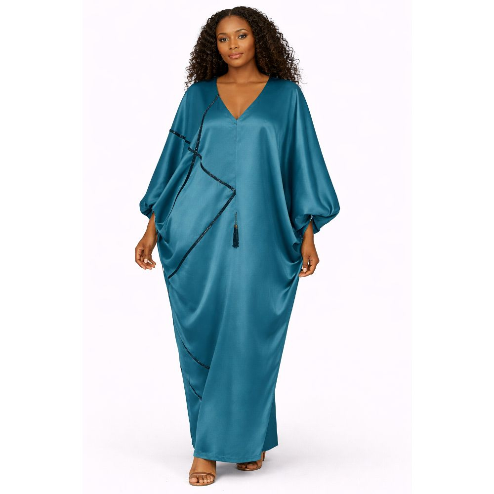 Women Teal Draped Kaftan Dress with V Neck Detail